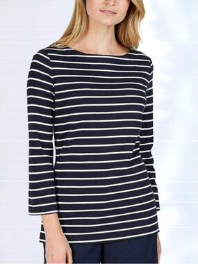 Nautica 3/4 Sleeve Chambray Trim Blue White Striped Casual Top Blouse XXL